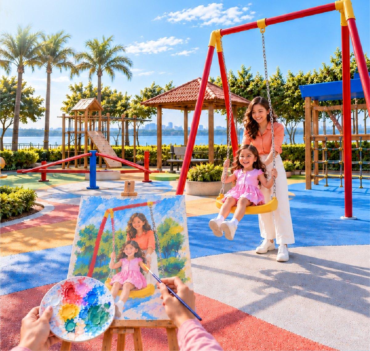 Children’s play area beside the lake