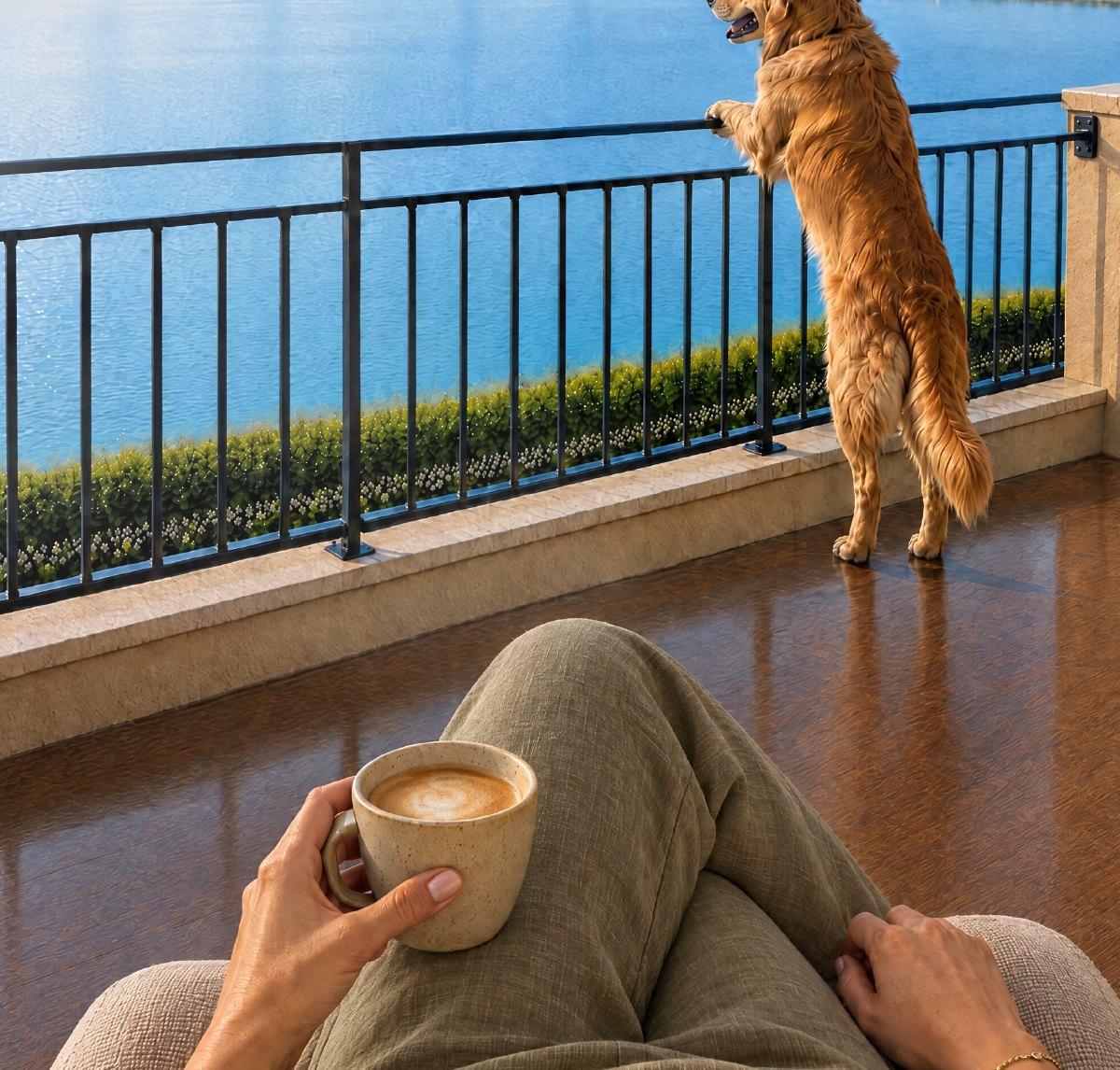 Morning coffee on the balcony with the dog looking at the lake