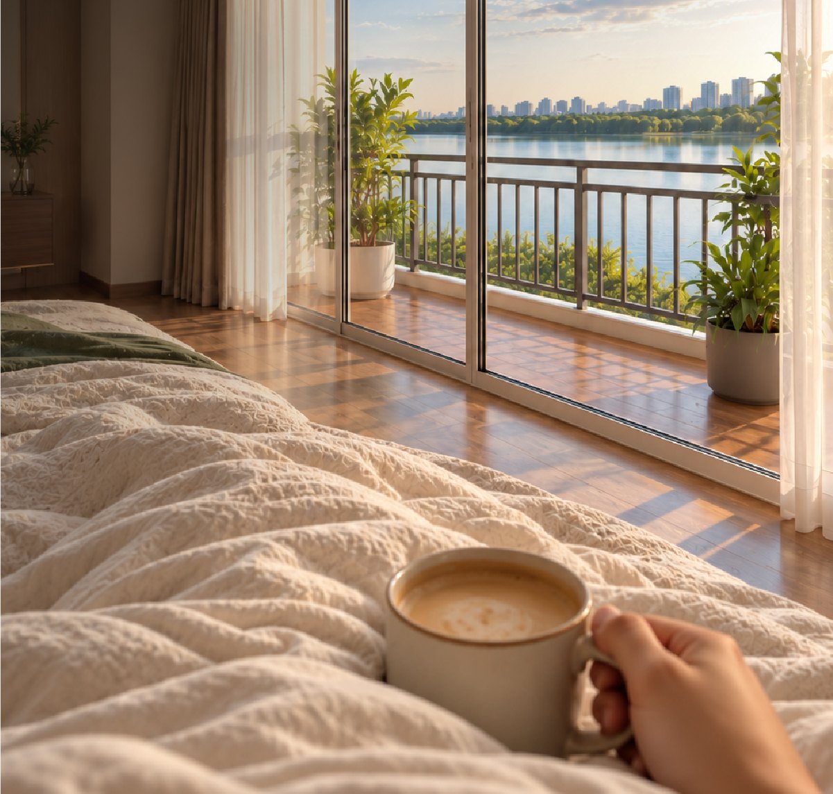 Bedroom opening onto a lake-view balcony, artistic impression