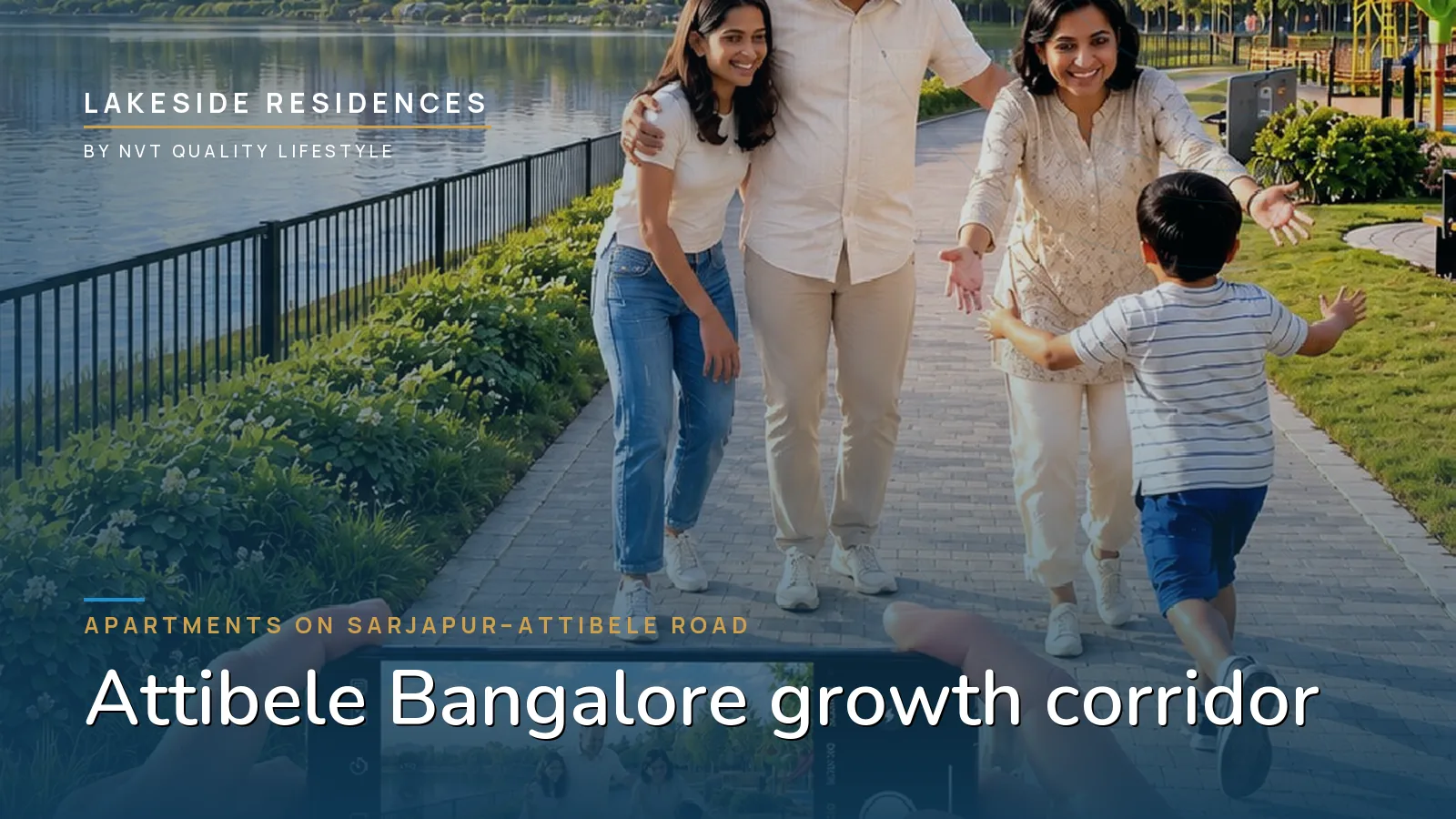 A family walking the 1.1 km lakeside promenade at Lakeside Residences in the Attibele corridor